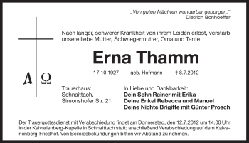 Traueranzeige von Erna Thamm von Pegnitz-Zeitung